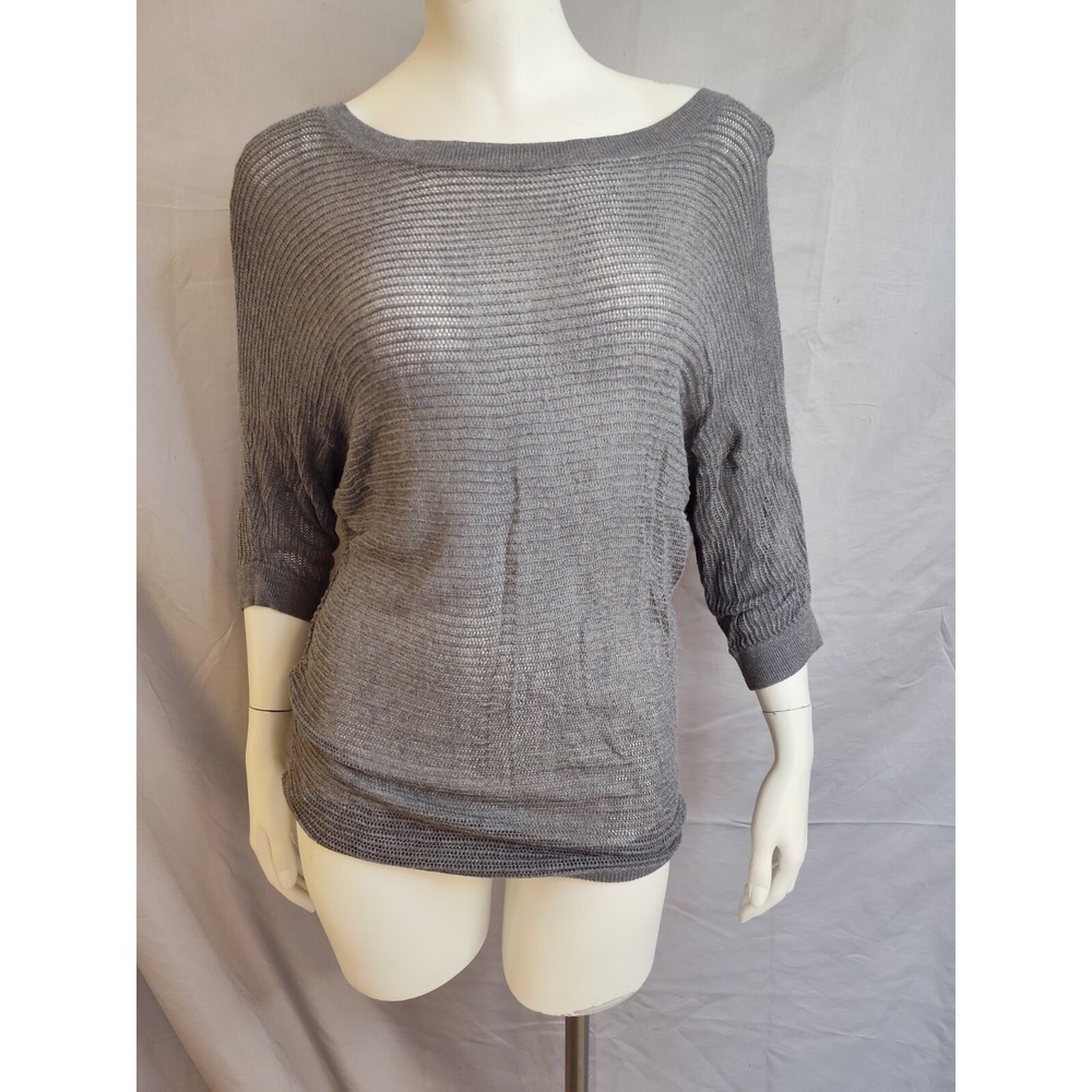 Express S 3/4 sleeve stretchy rayon cover up open knit gray shirt grey crochet
